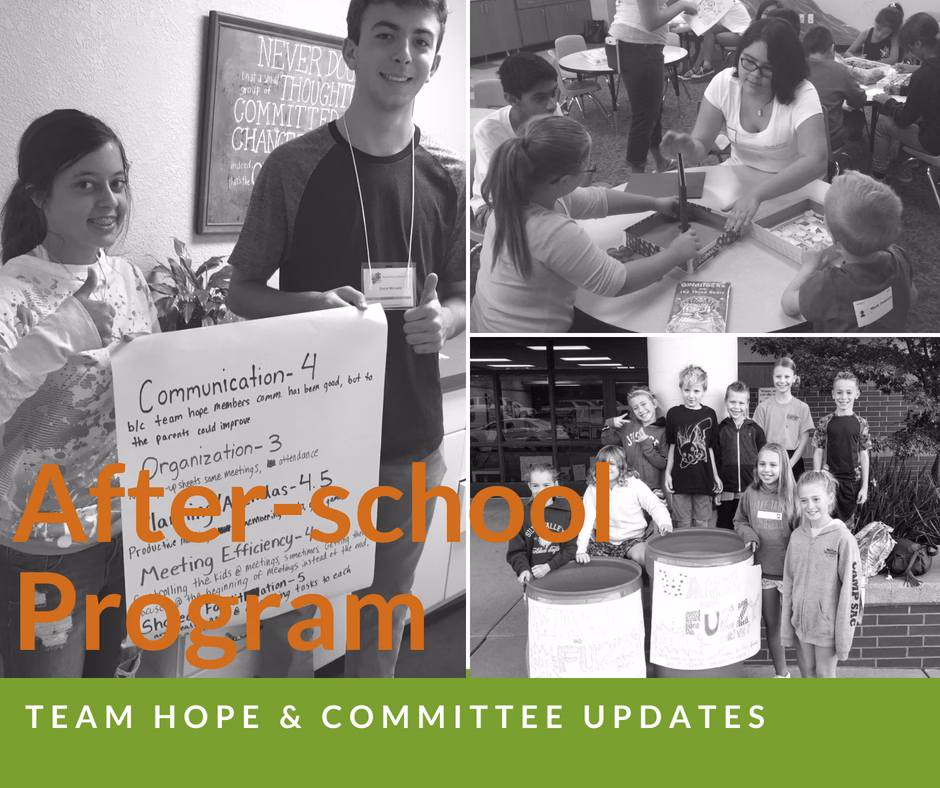 A group of children and adults are shown in various settings, likely an after-school program.