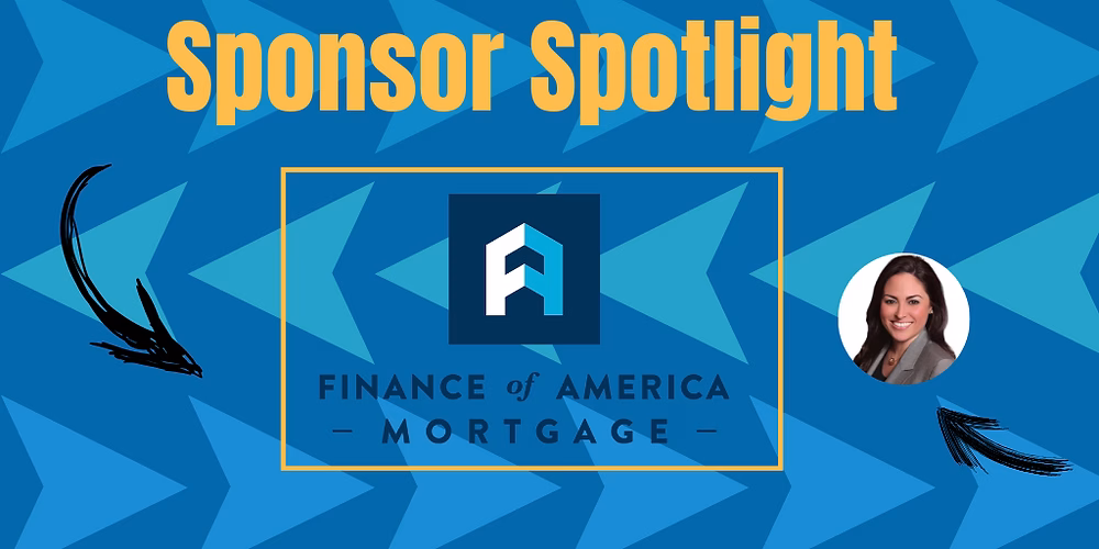 A blue graphic with a yellow border, featuring the Finance of America Mortgage logo and a photo of a woman.