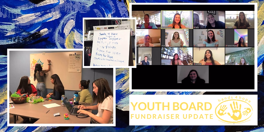 A collage of images depicting a youth board fundraiser update, with a focus on teamwork and community engagement.
