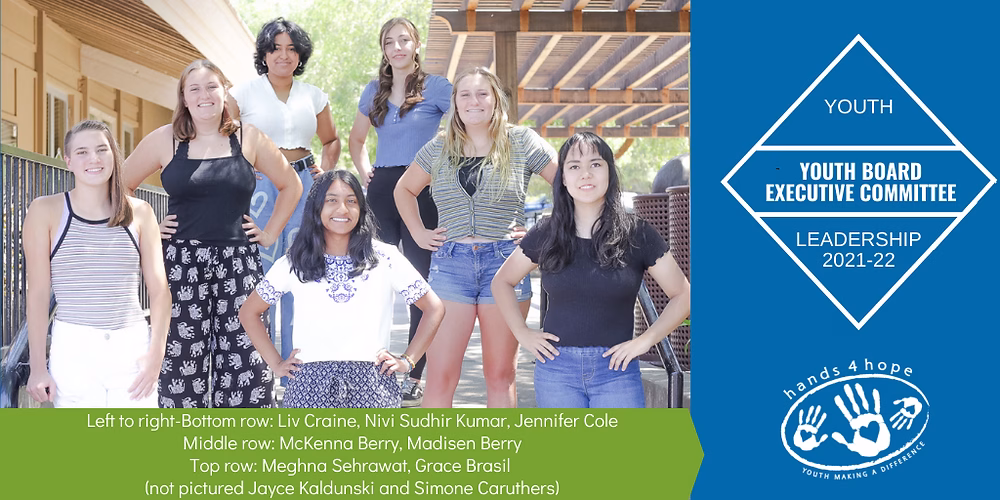 The image shows a group of young people posing for a photo, with a blue and green background.