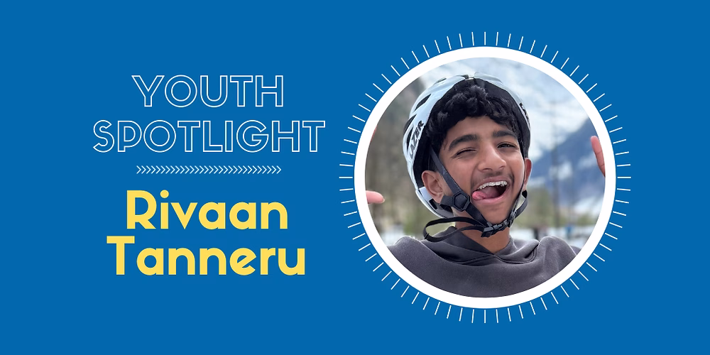 Rivaan Tanneru, a young boy with a big smile, wearing a helmet and giving a thumbs up
