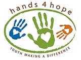 Hands 4 Hope logo featuring three handprints in blue, green, and orange, with a heart-shaped cutout in the center of the green handprint.