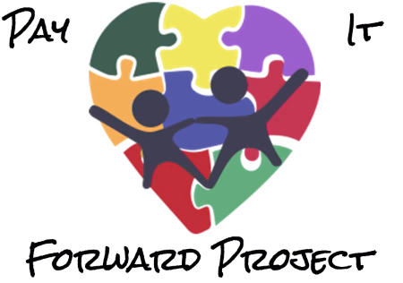 A logo for the Pay It Forward Project, featuring a heart-shaped puzzle with a person in the center, surrounded by a rainbow of colors.
